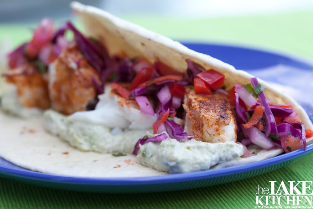 Spice Rubbed Halibut Fish Tacos with a Pineapple “Slawsla” and Avocado Crema