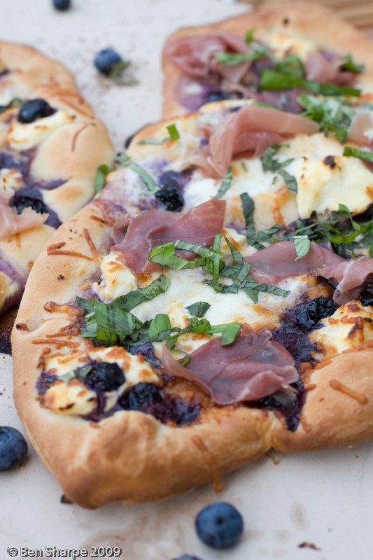 Three Cheese and Blueberry Pizza with Basil and Prosciutto